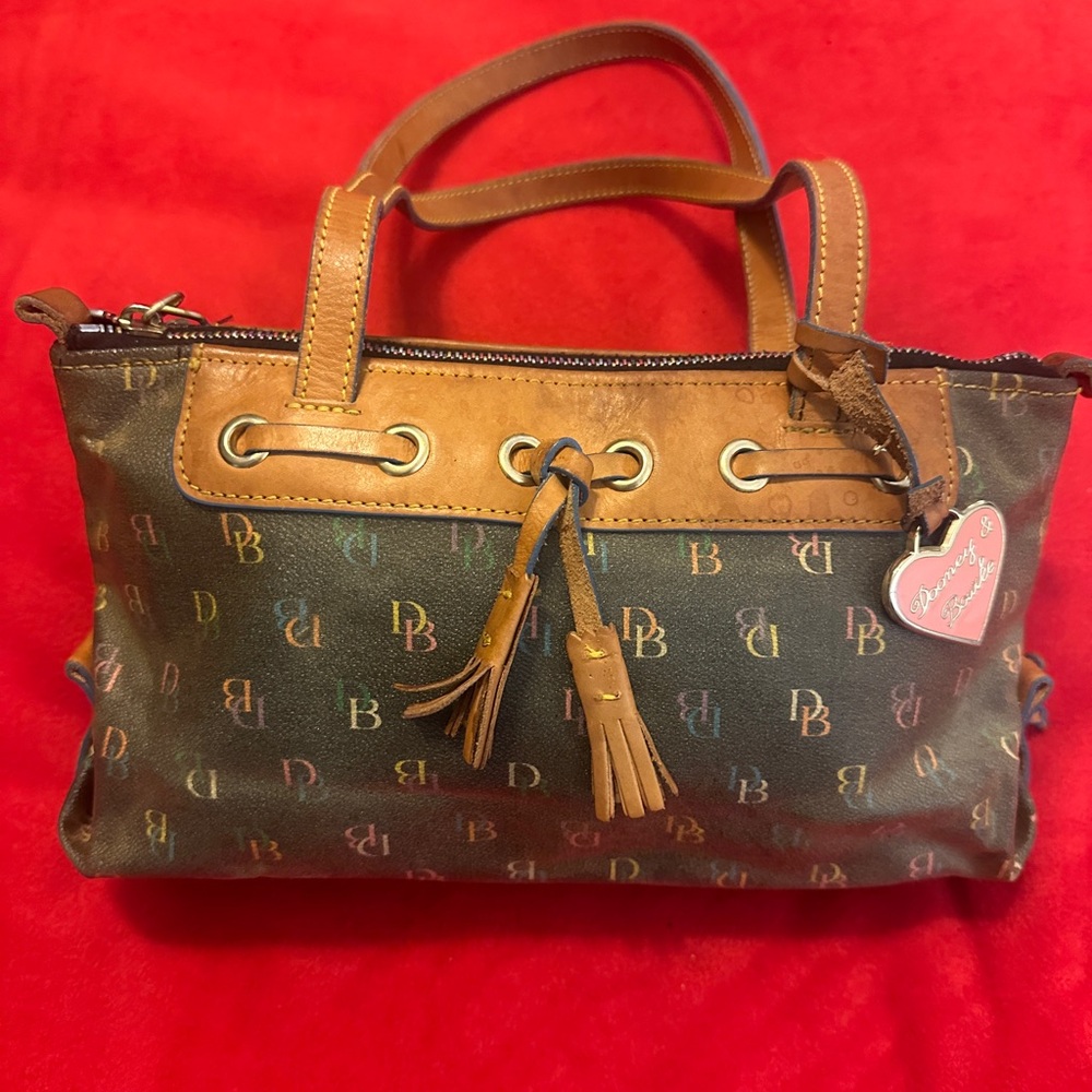 Dooney & Bourke Brown Canvas Shoulder Bag with Rainbow Zipper